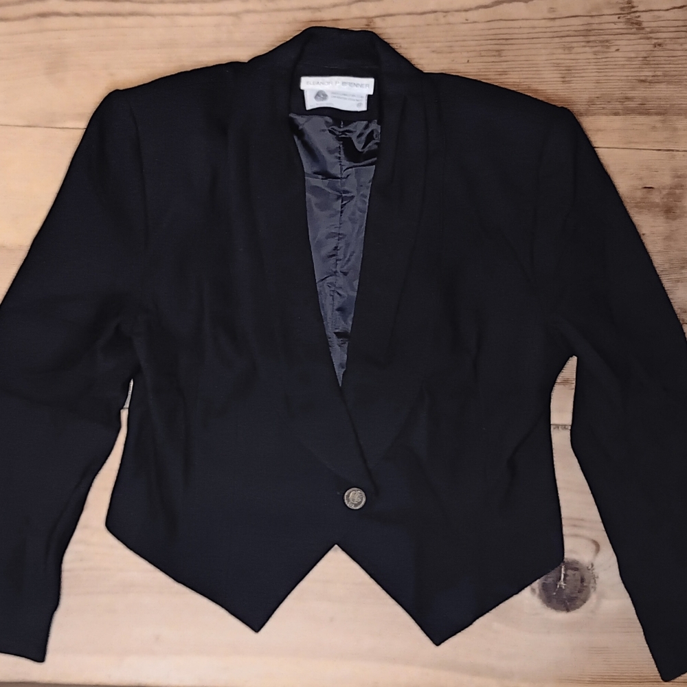 VTG Eleanor P Brenner Womens 12 Blazer 100% Wool Cropped Chic Button Academia